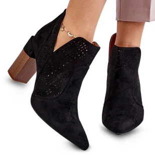 Eleganckie Botki Na Obcasie Zamszowe Ażurowe Na Słupku Casalini Czarne 35 - Botki damskie - miniaturka - grafika 1