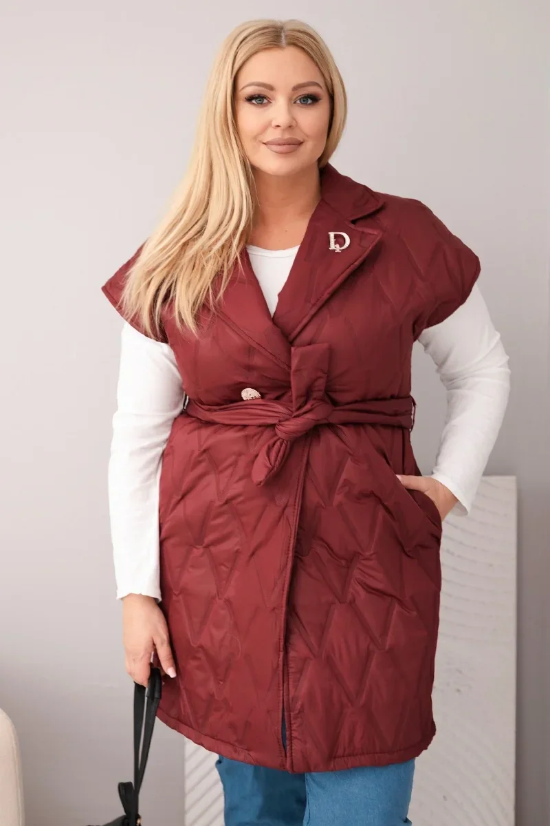Kamizelka damska Plus Size pikowana z paskiem i kołnierzem śliwkowa Śliwkowy