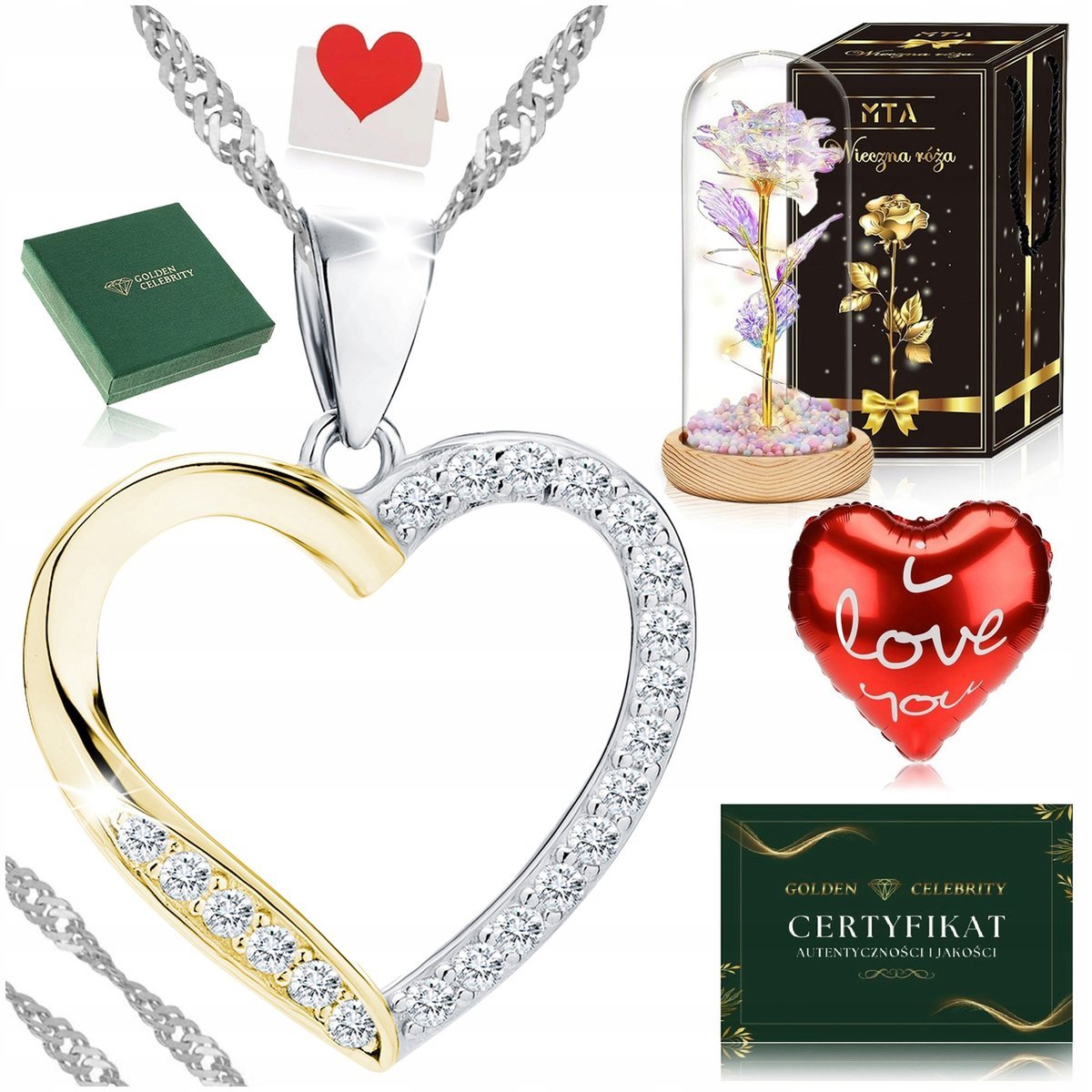 SREBRNY NASZYJNIK DAMSKI SERCE CELEBRYTKA PR 925 + RÓŻA WIECZNA LED W SZKLE
