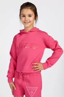 Bluzy damskie - Guess Bluza dziecięca kolor różowy z kapturem z nadrukiem - grafika 1