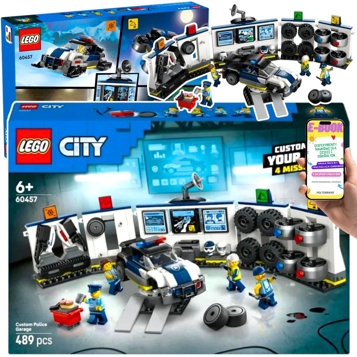 LEGO® City PREZENT DLA DZIECKA 6+ (60457) Policyjny Warsztat Tuningowy z Radiowozem i Akcesoriami – zabawa bez końca + EBOOK
