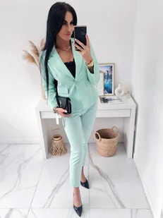 BAWEŁNIANY GARNITUR DAMSKI DŻINA MARYNARKA + SPODNIE Z PASKIEM - MIĘTOWY - MODA ITALIA - Marynarki i żakiety damskie - miniaturka - grafika 1