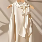 Koszule damskie - TEMU Elektryczna Bluzka w Kolorze Miętowej Zieleni z Kokardą - Okrągły Dekolt, Bez Rękawów, Jednokolorowa Koszula Poliestrowa na Każdą Porę Roku - miniaturka - grafika 1