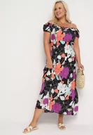 Sukienki - Czarno-Fioletowa Sukienka z Bawełny o Rozkloszowanym Kroju z Gumką w Talii Euretta - miniaturka - grafika 1