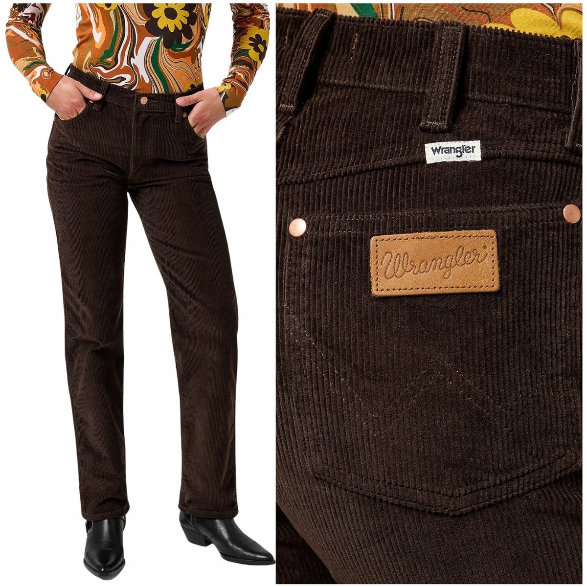 Wrangler SUNSET Mole proste brązowe damskie spodnie sztruksy W33 L32