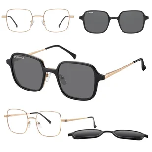 Okulary kwadratowe pod korekcję z polaryzacyjną nakładką przeciwsłoneczną CLIP-MC98-1 złote - Okulary korekcyjne, oprawki, szkła - miniaturka - grafika 1