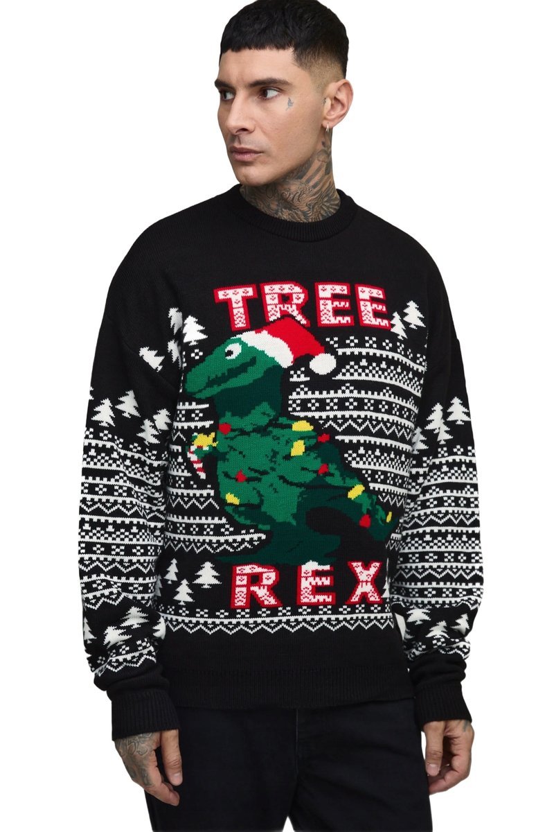 BOOHOOMAN CZARNY SWETER MĘSKI ŚWIĄTECZNY Z NADRUKIEM DINOZAURA L Z3A*