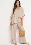 Komplety damskie - Ciemnobeżowy Komplet 2-Częściowy Koszula o Luźnym Kroju Szerokie Spodnie z Gumką w Talii Vimitha - miniaturka - grafika 1