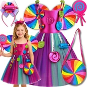 Stroje karnawałowe - STRÓJ SUKIENKA TĘCZOWA WRÓŻKA CUKIERKOWA KSIĘŻNICZKA LOLLIPOP BAL 128 134 - miniaturka - grafika 1