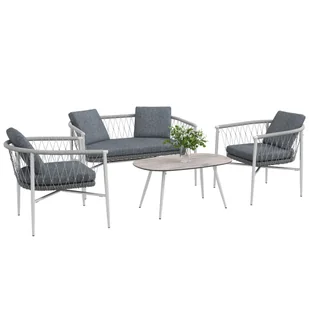 Outsunny 4-częściowy rattanowy zestaw mebli ogrodowych, grupa wypoczynkowa z funkcją huśtawki, zestaw ogrodowy z 1 stolikiem kawowym, 2 fotelami, 1 dwuosobową sofą, poduszkami, zestaw wypoczynkowy do ogrodu, na taras, stalowy, szary - Meble ogrodowe - miniaturka - grafika 1