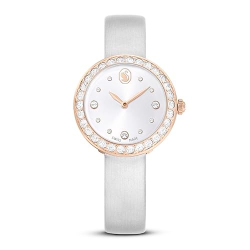 Swarovski Zegarek tenisowy Matrix, wyprodukowany w Szwajcarii, skórzany pasek, szary, wykończenie w kolorze różowego złota
