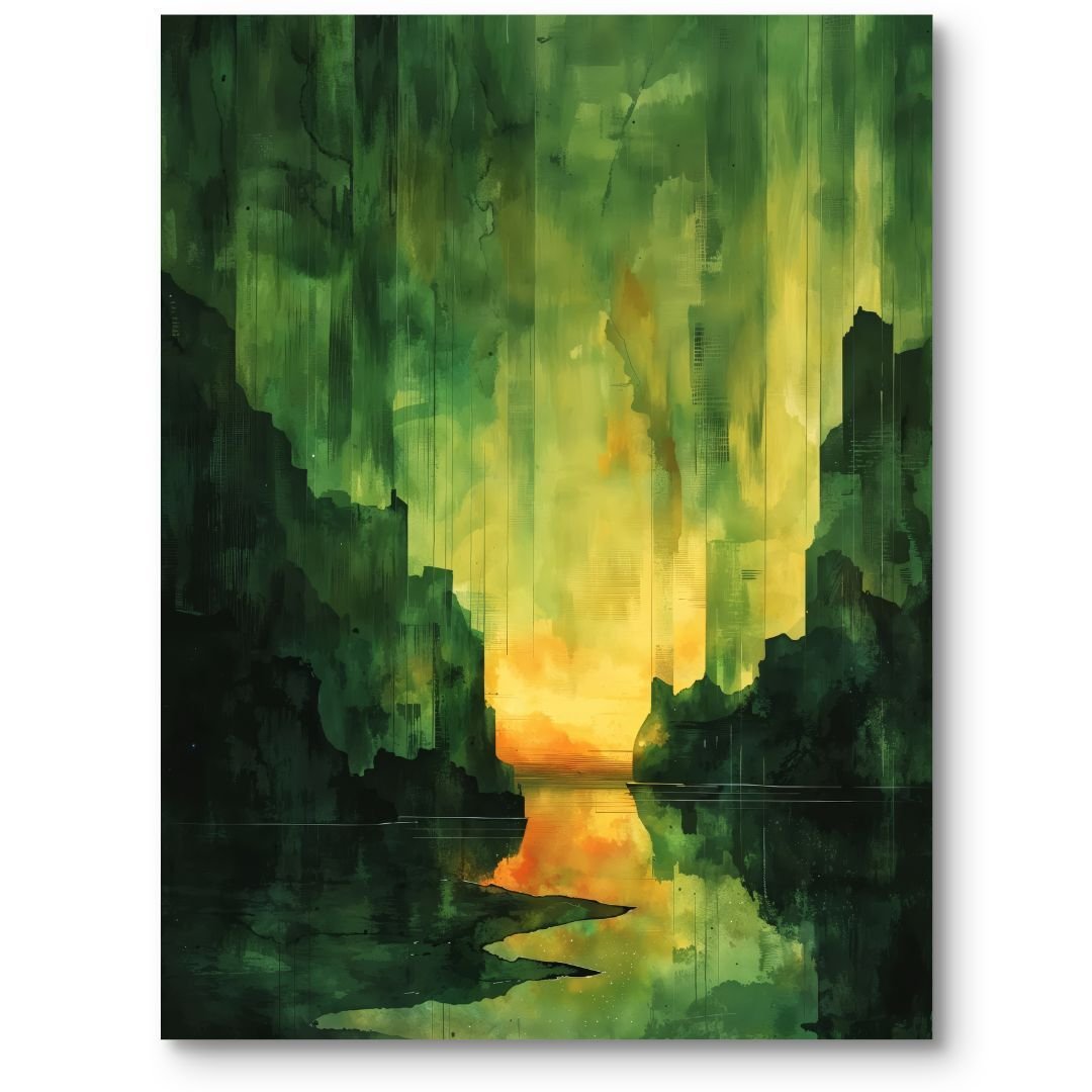 Plakat abstrakcja zachód słońca rzeka do salonu zielono-żółty 50x70 cm