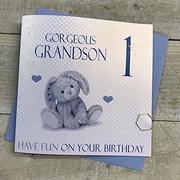 Kartki okolicznościowe i zaproszenia - WHITE COTTON CARDS białe bawełniane kartki niebieski króliczek wspaniały wnuczek 1 'Have Fun' ręcznie robiona kartka na 1 urodziny, NGS1-B NGS1-B - miniaturka - grafika 1