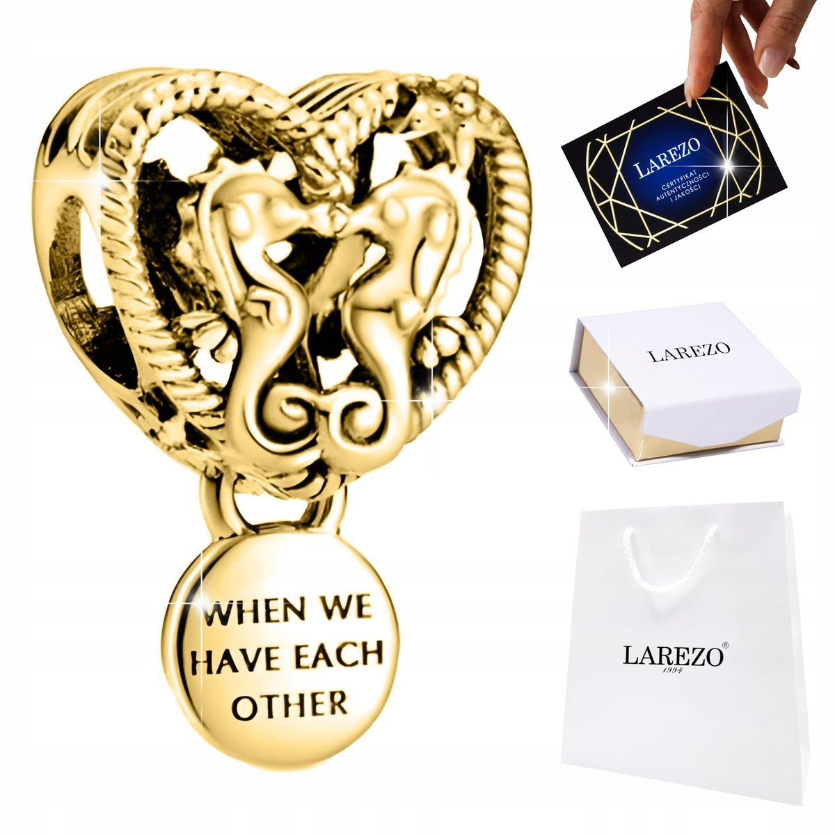 Charms Złoty 925 Konik Morski Serce Serduszko Ryba Miłość Koralik Serduszko