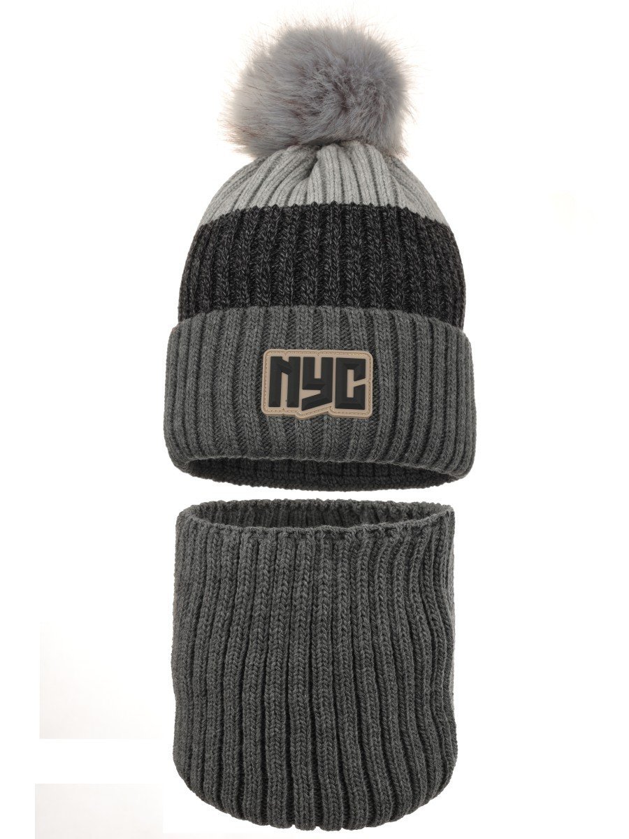 Chłopięcy komplet zimowy czapka i komin NYC szary Ambra r.48/50