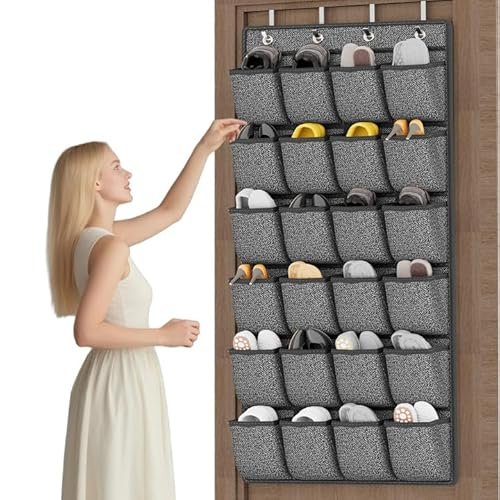 Organizer na buty nad drzwiami, wiszący uchwyt na buty z 24 bardzo dużymi kieszeniami z tkaniny do przechowywania męskich trampek, damskie wysokie obcasy, kapcie lniane z czarnym nadrukiem 150 cm x 56 cm