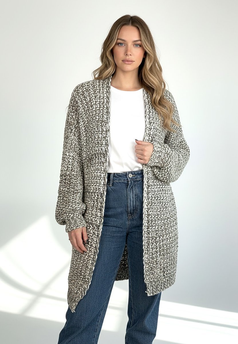 Damski kardigan oversize gruby splot bez zapięcia dekolt V na co dzień - M1277, szary, S