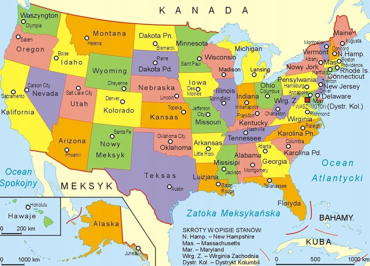 Naklejki na ścianę Mapa USA Stany Zjednoczone - 90x60 cm