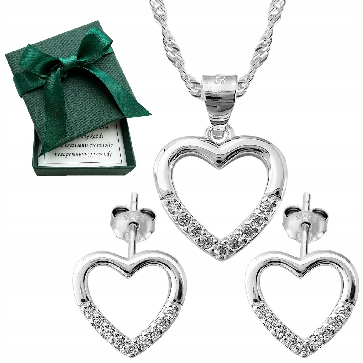 KOMPLET BIŻUTERII SREBRNEJ SERCA z CYRKONIAMI SREBRO 925 IDEALNY NA PREZENT