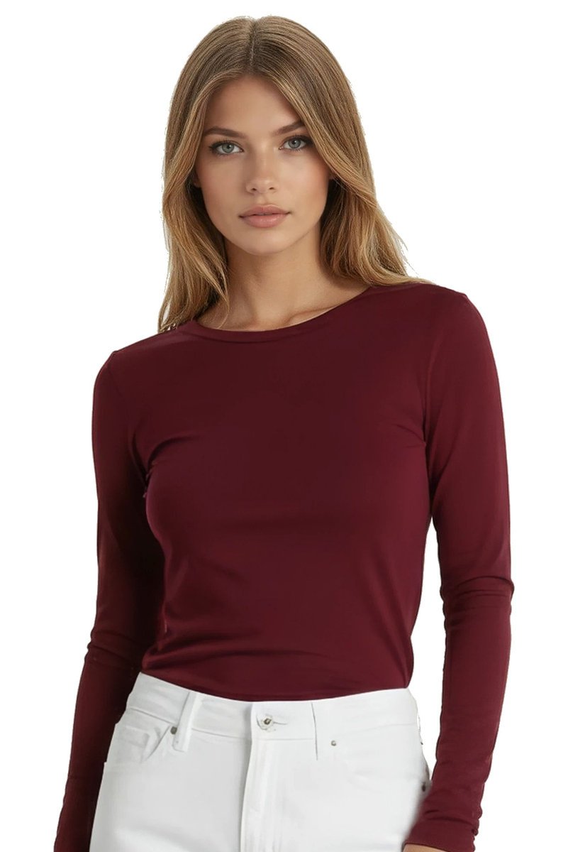 Prążkowana koszulka damska z wiskozy z długim rękawem Irma bordowa XL