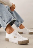 Trampki damskie - Biało-Beżowe Trampki VICES na Żłobionej Platformie Zdobione Trójkątną Aplikacją Lorerina - miniaturka - grafika 1