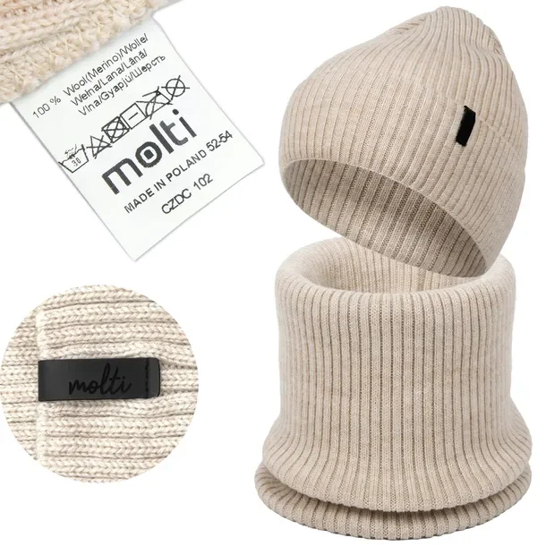 Beżowy KOMPLET WEŁNA Merino CZAPKA KOMIN dziecięcy jesień wiosna 48-50