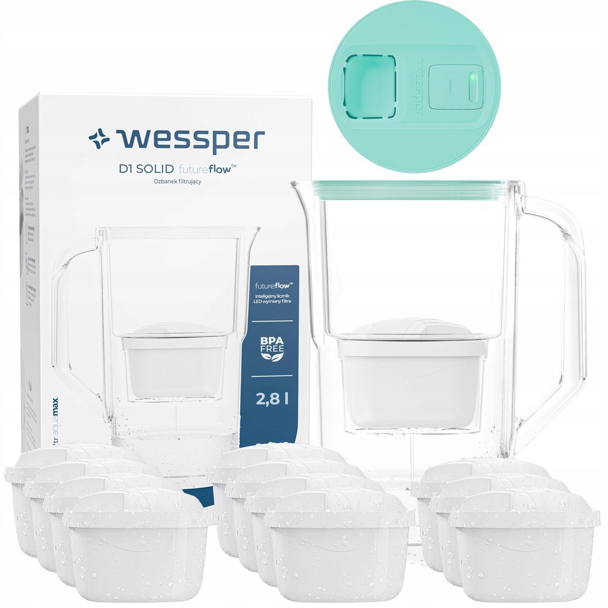 Dzbanek filtrujący Wessper D1 SOLID FutureFlow 2,8l miętowy + 12x aquamax