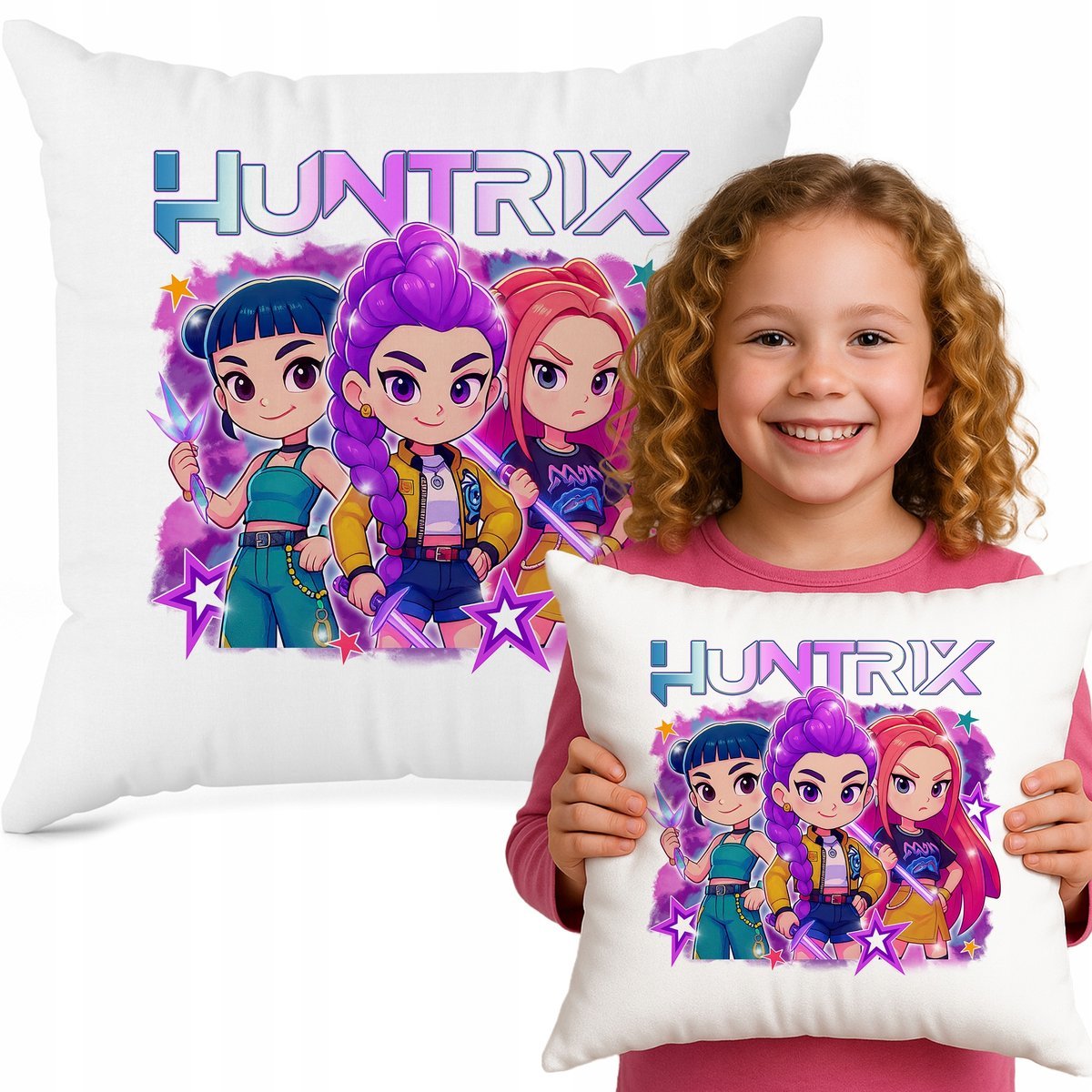 Poduszka Biała Ozdobna HUNTRIXBABY GIRL Bajka 40cmX40cm K-pop Muzyka Wzory