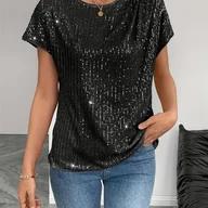 Koszule damskie - TEMU Damski Modny Kolorowy Bluzka z Cekinami, Okrągły Dekolt, Krótki Rękaw, Elegancka Koszula, Wiosenna Garderoba,Wieczorowa Bluzka,Modna - miniaturka - grafika 1