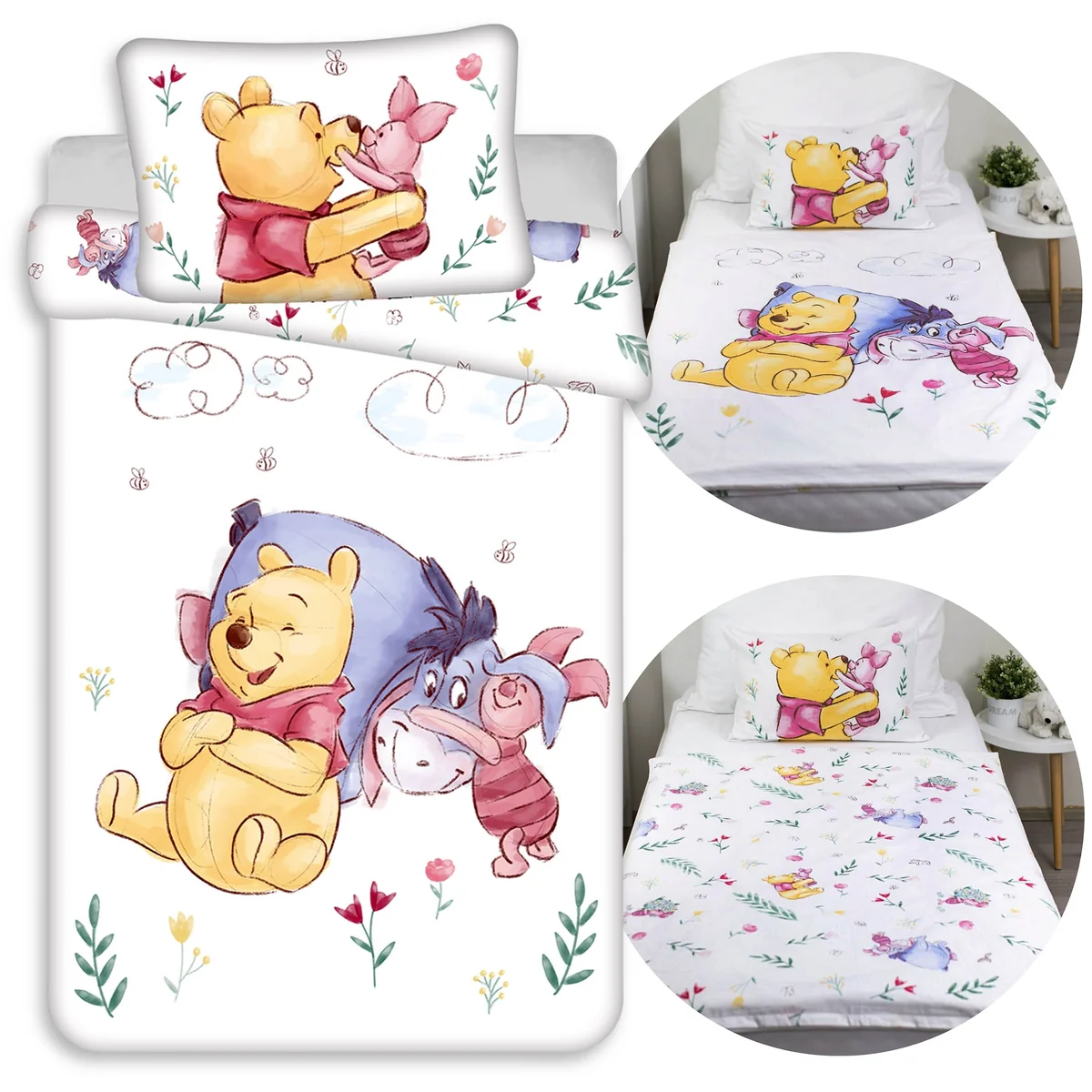 DISNEY Kubuś Puchatek Biała, DWUSTRONNA, bawełniana pościel dziecięca na zamek, 100% BAWEŁNA 100x135cm+40x60cm OEKO-TEX