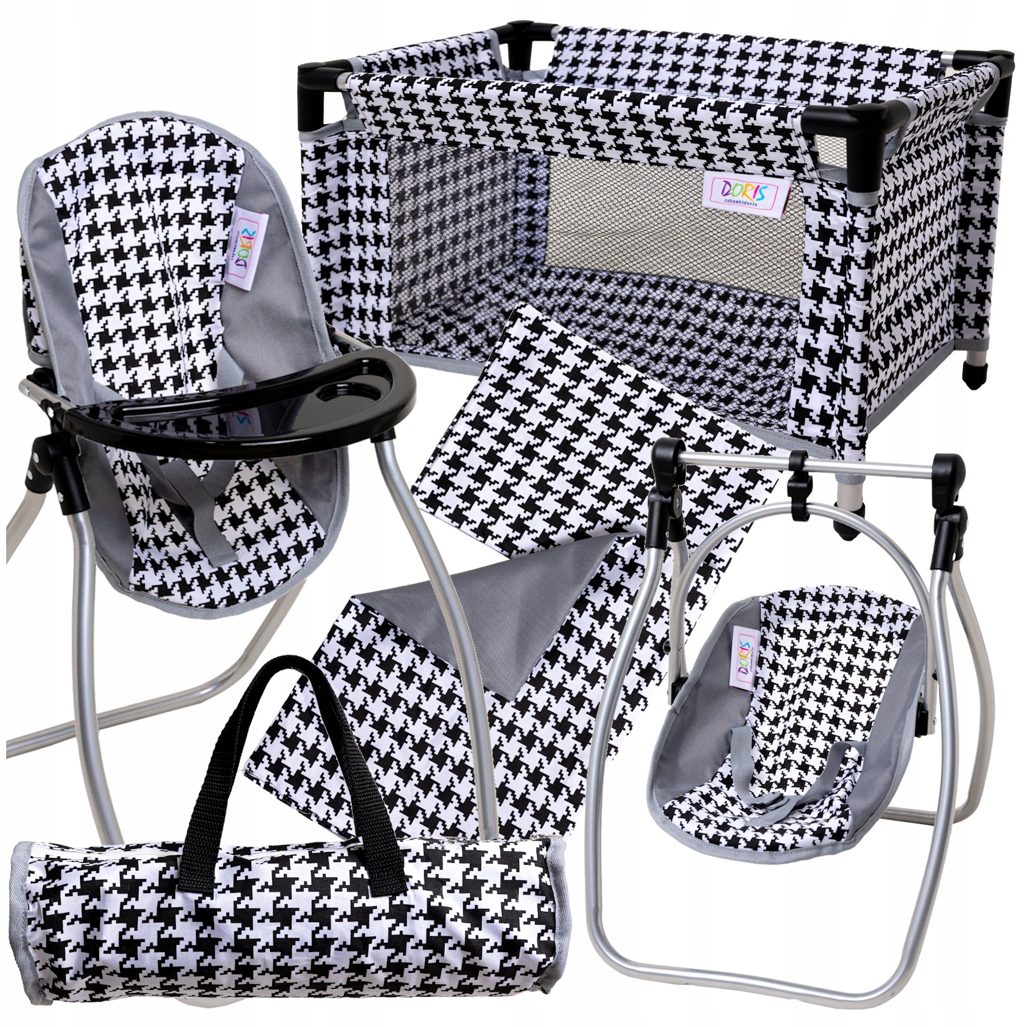 Zestaw dla lalek Łóżeczko pościel Krzesełko do karmienia Huśtawka dla lalki