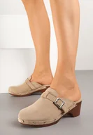 Klapki i japonki damskie - Ciemnobeżowe Klapki na Obcasie w Stylu Chodaków z Klamrą Ellatis - miniaturka - grafika 1