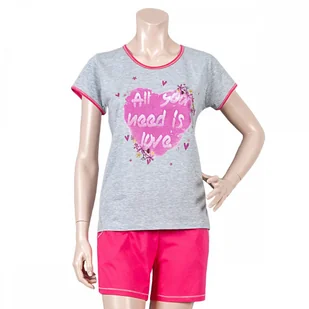 PIŻAMA MŁODZIEŻOWA S DAMSKA KRÓTKI RĘKAW SPODENKI BAWEŁNIANA SERCE RÓŻOWA - Piżamy damskie - miniaturka - grafika 1