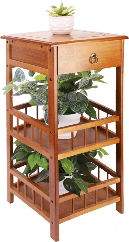 WISFOR stolik nocny z szufladą, szafka nocna z półką, stolik boczny wykonany z bambusa, stolik kwiatowy stolik sofy vintage