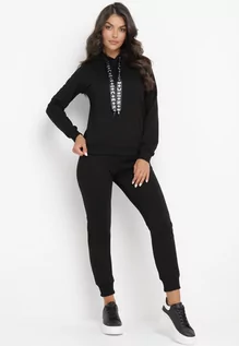Komplety damskie - Czarny 2-Częściowy Bawełniany Komplet Dresowy Bluza z Kapturem i Spodnie z Gumką Aniko - grafika 1