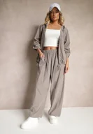 Spodnie damskie - Szare Bawełniane Spodnie High Waist o Szerokim Kroju Velili - miniaturka - grafika 1