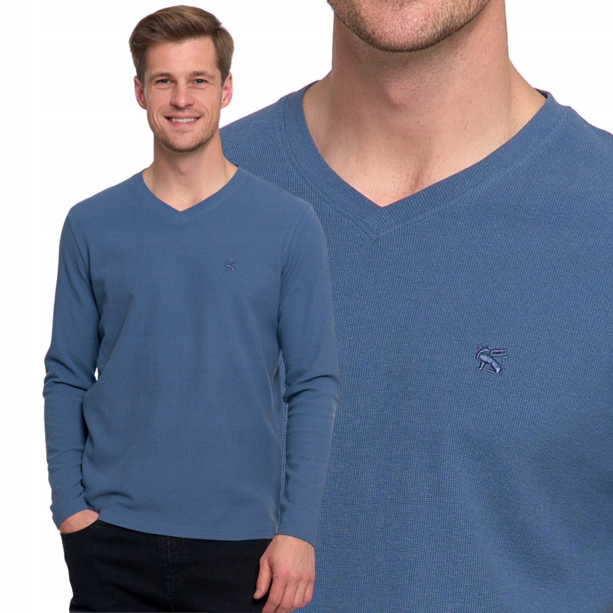 KOSZULKA MĘSKA DŁUGI RĘKAW LONGSLEEVE DEKOLT W SEREK HAFT BAWEŁNA MORAJ XL JEANS