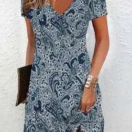 Inne - TEMU Boho Sukienka z Wzorem Paisley, Dekolt w Serek, Krótki Rękaw dla Kobiet - Stylowa Odzież na Wakacje, Granatowy Wzór Kwiatowy, Lekka Mieszanka - miniaturka - grafika 1