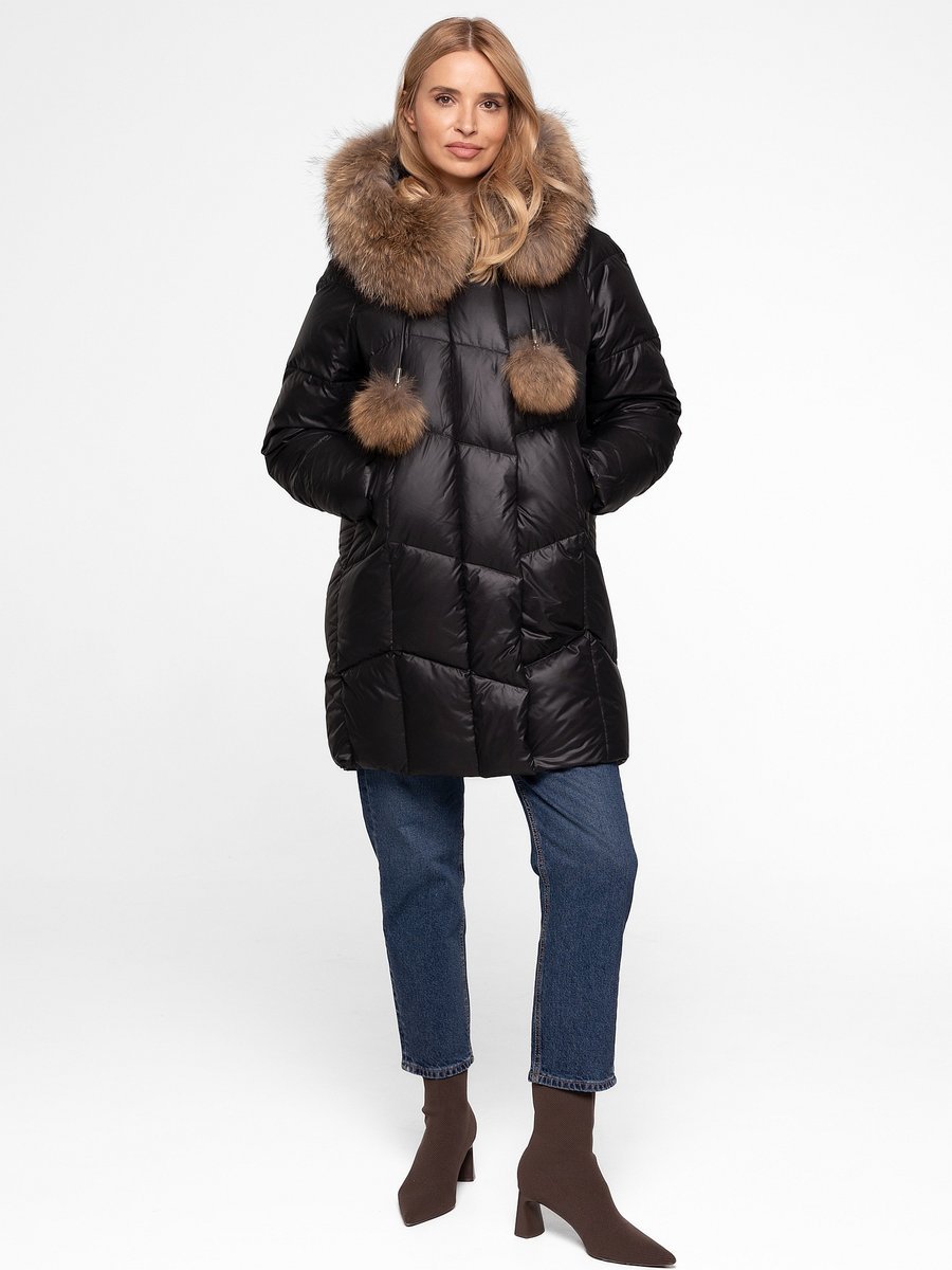 PIKOWANA PUCHOWA KURTKA DAMSKA Z FUTREM JENOTA I POMPONAMI