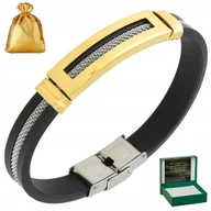 Bransolety męskie - Bransoletka Męska Skórzana Złota / Czarna / Srebrna Regulowana + Dedykacja - miniaturka - grafika 1