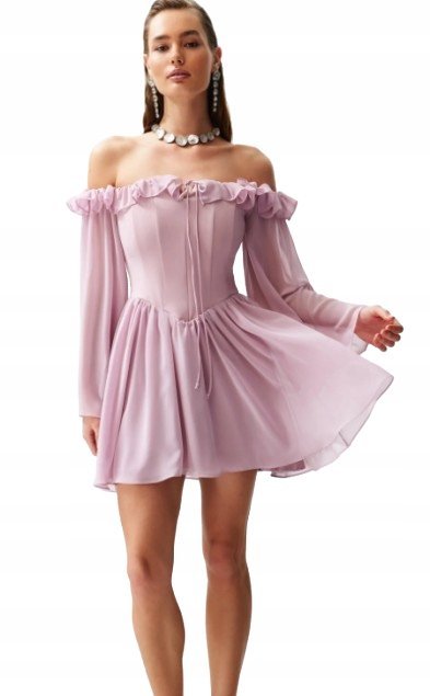 TRENDYOL RÓŻOWA SUKIENKA HISZPANKA Z FALBANKĄ I WIĄZANIEM 34 5_A