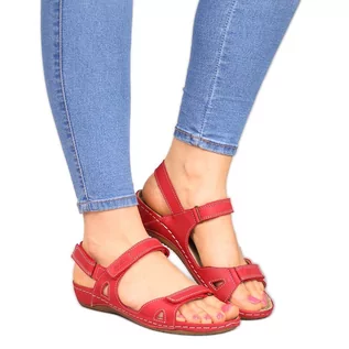 Sandały damskie - Sandały skórzane damskie na rzepy czerwone Helios 205 - grafika 1