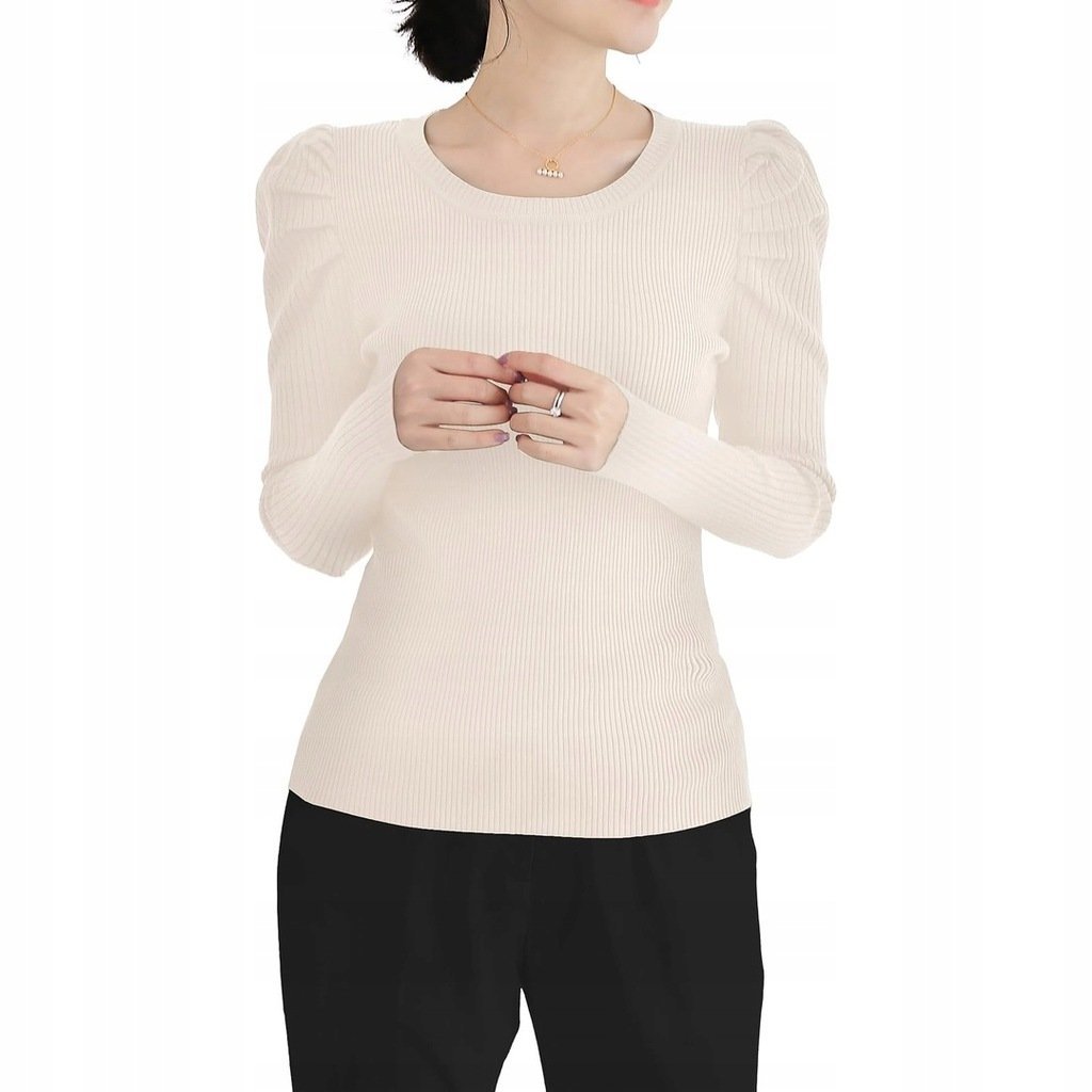 Sweter Damski Bufiasty beżowy XL Elegancki Klasyczny Ciepły miękki bluzka