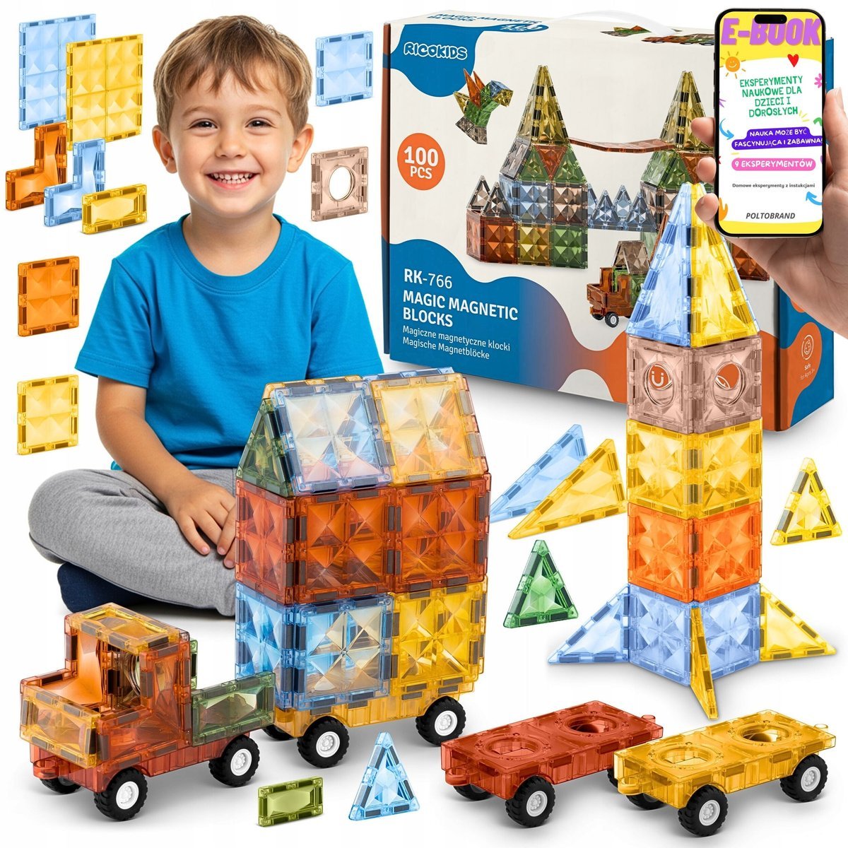 KLOCKI MAGNETYCZNE 3D 100EL AUTO EDUKACYJNE KONSTRUKCYJNE DLA DZIECI PREZENT ŚWIĄTECZNY + EBOOK