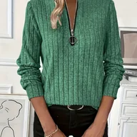 Swetry damskie - TEMU Elegancki Zielony Sweter Tunika Dla Kobiet - Wysoki, Jednokolorowy na Jesień/Zimę z Pełną Suwakiem Przodu, Okrągły Kołnierzyk i Bufiaste Rękawy - miniaturka - grafika 1