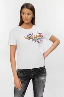 Koszulki i topy damskie - MOSCHINO SWIM - biały t-shirt z logo i kwiatami - grafika 1