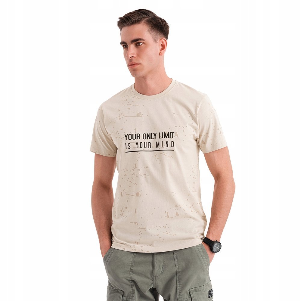 T-shirt męski z nadrukiem i napisem kremowy bawełna OM-TSFP-0187 V2 r. XL