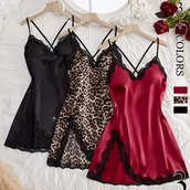 Inne - 3-częściowy zestaw piżamowy z koronkowym rozcięciem, koronkowa sukienka z odkrytymi plecami z wiązaniem na szyi, elegancka damska koszula nocna i - miniaturka - grafika 1