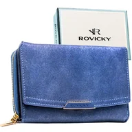 Portfele - Granatowy portfel damski ROVICKY mały portmonetka na zatrzask i suwak elegancki ochrona RFID na prezent - miniaturka - grafika 1