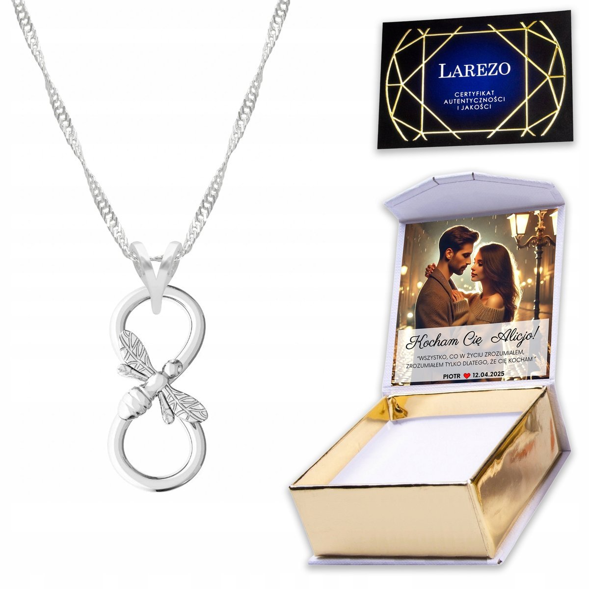 Naszyjnik Srebrny 925 Nieskończoność Infinity Love Symbol Miłości + NADRUK